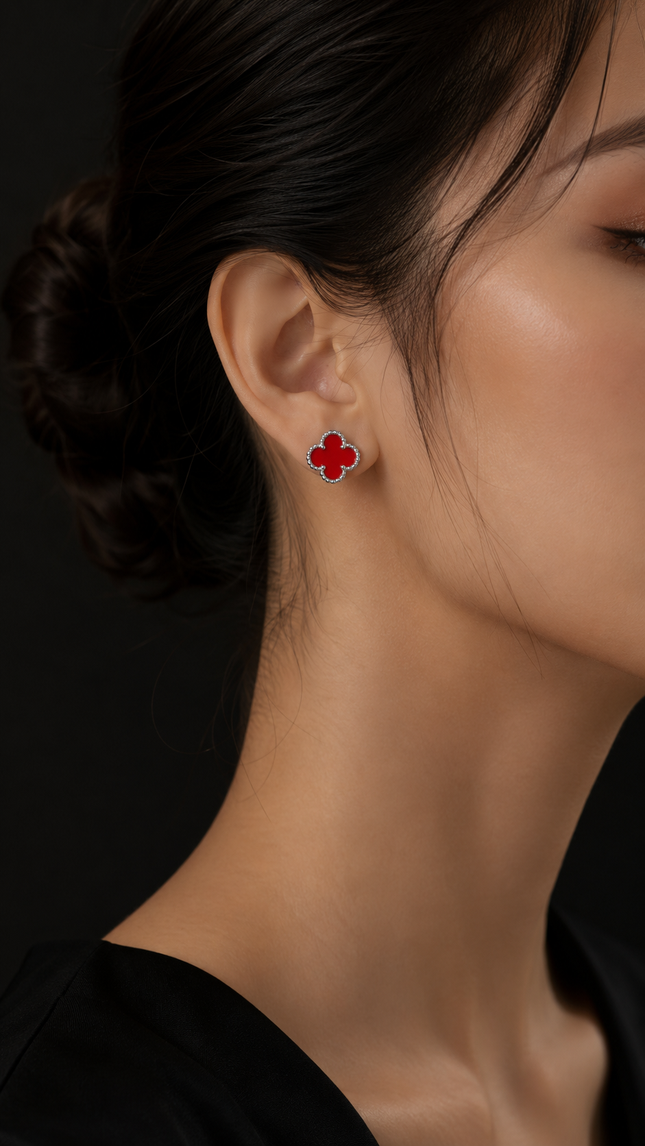 Silver Red Clover Stud Earrings