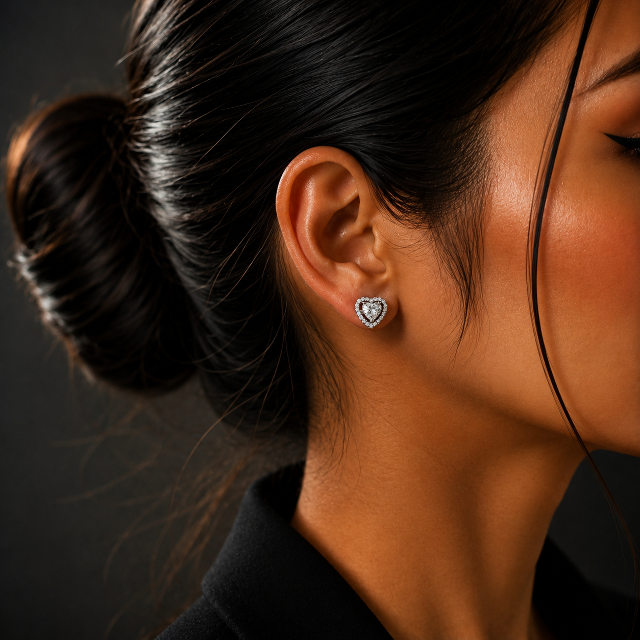Silver Heart Halo Diamond Stud Earrings for Women