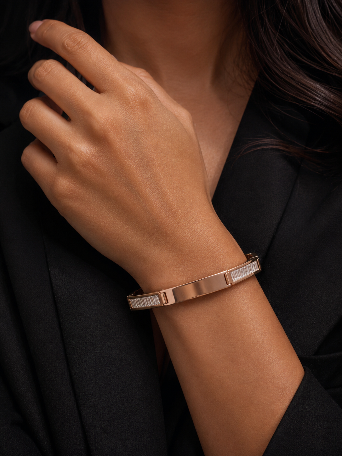 Silver Rose Gold Diamond Kada Bracelet