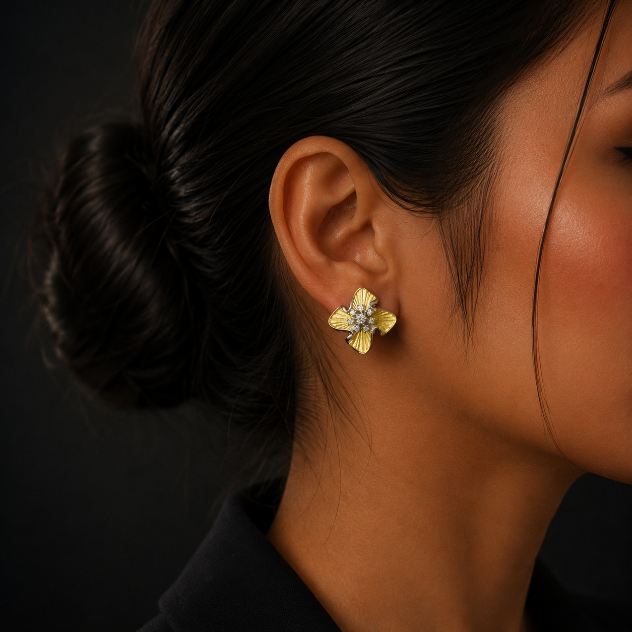 Silver Gold Floral Diamond Stud Earrings for Women