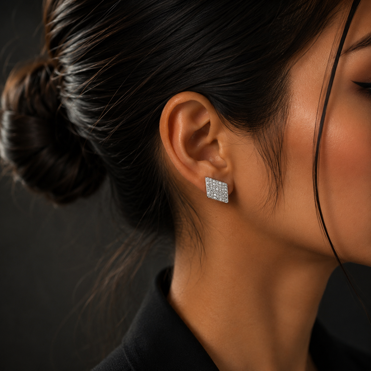 Silver Square Pave Diamond Stud Earrings for Women