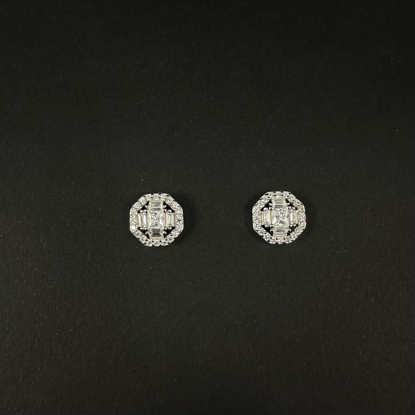 Silver Octagon Halo Diamond Stud Earrings for Women