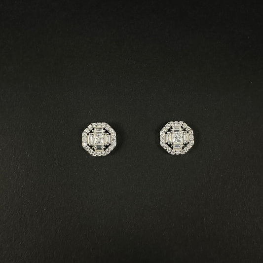 Silver Octagon Halo Diamond Stud Earrings for Women