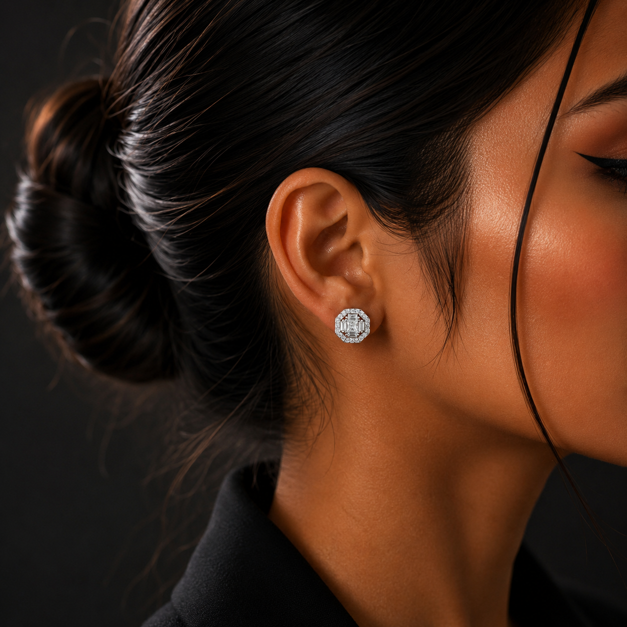 Silver Octagon Halo Diamond Stud Earrings for Women
