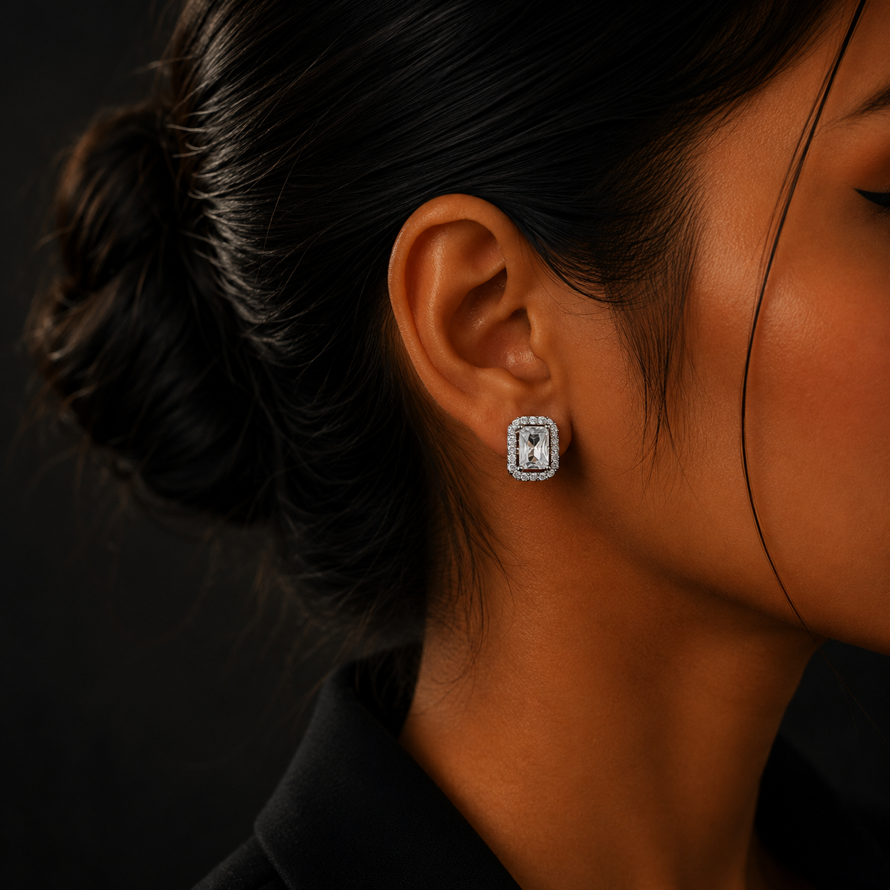 Silver Emerald-Cut Halo Diamond Stud Earrings for Women