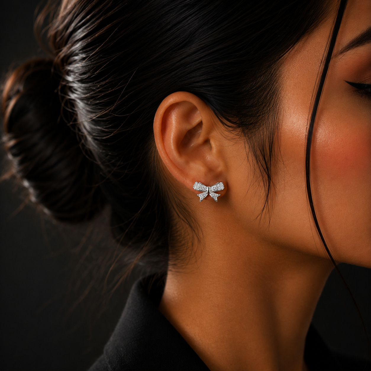 Silver Bow Diamond Stud Earrings for Women