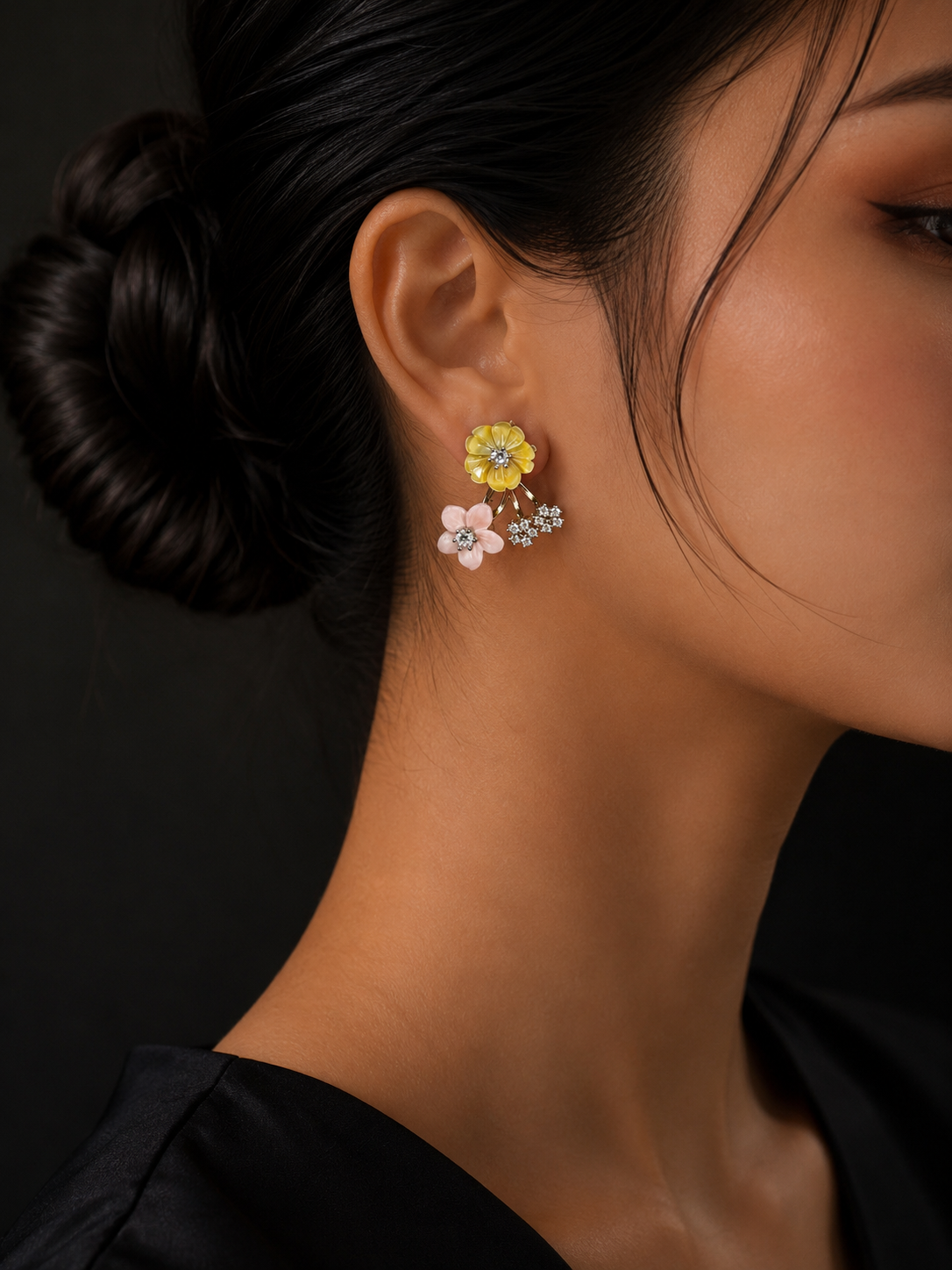 Silver Yellow Pink Flower Diamond Stud Earrings