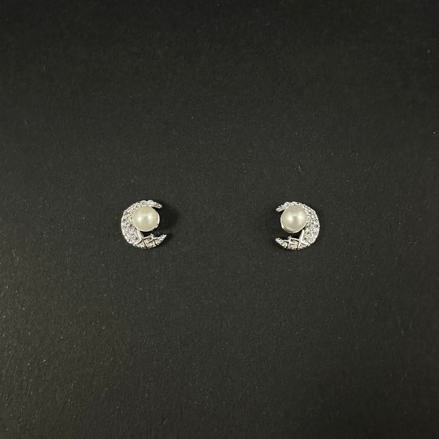 Silver Moon Pearl Diamond Stud Earrings for Women