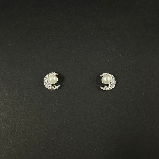 Silver Moon Pearl Diamond Stud Earrings for Women