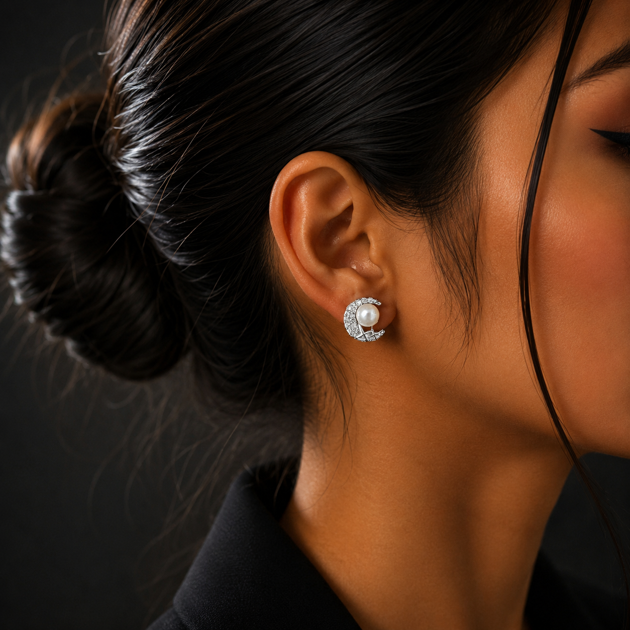Silver Moon Pearl Diamond Stud Earrings for Women