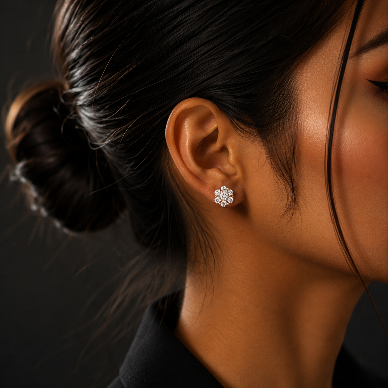 Rose Gold Silver Floral Diamond Stud Earrings for Women