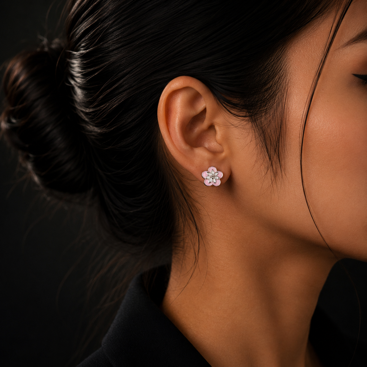 Silver Pink Floral Stud Earrings for Women