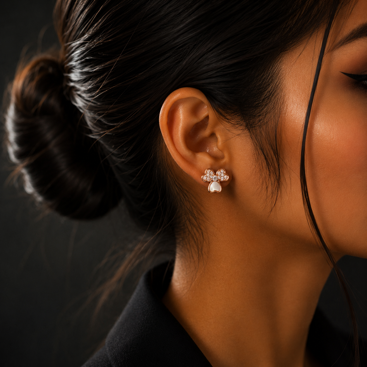 Rose Gold Silver Clover Pearl Diamond Stud Earrings for Women