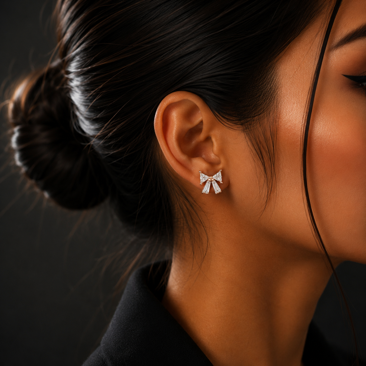 Rose Gold Silver Bow Diamond Stud Earrings for Women