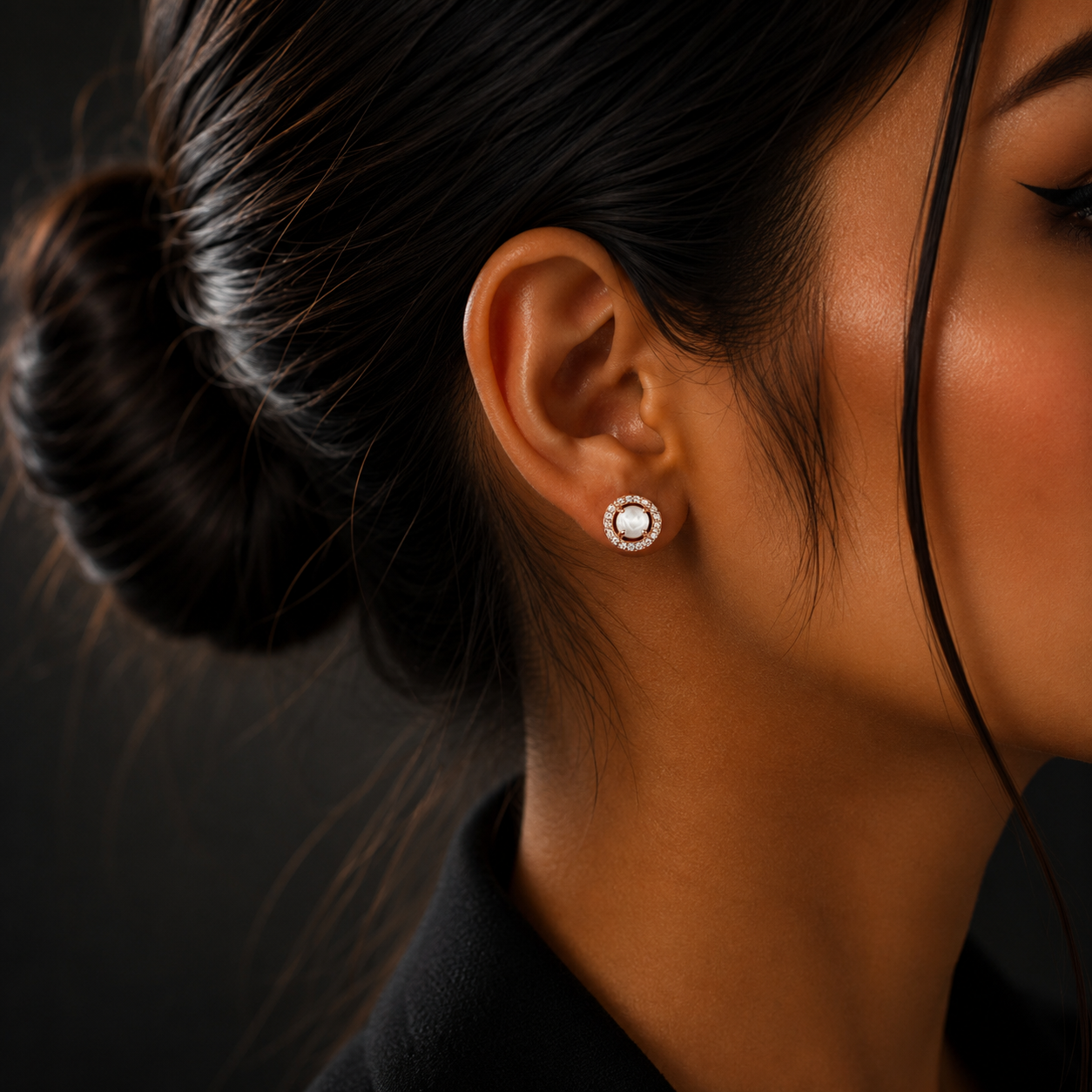 Rose Gold Pearl Halo Diamond Stud Earrings for Women