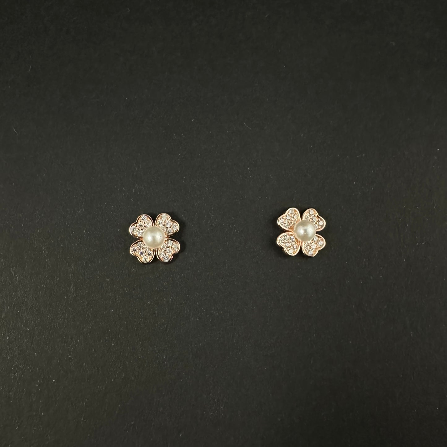 Rose Gold Floral Pearl Diamond Stud Earrings for Women