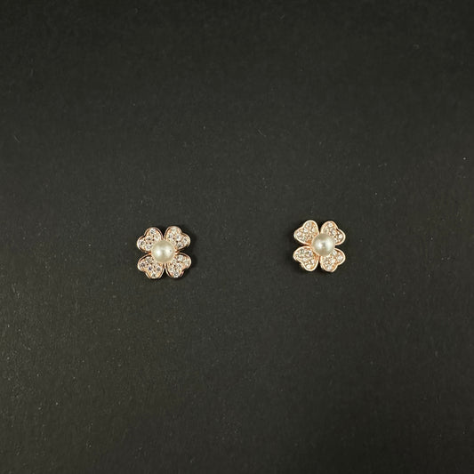 Rose Gold Floral Pearl Diamond Stud Earrings for Women