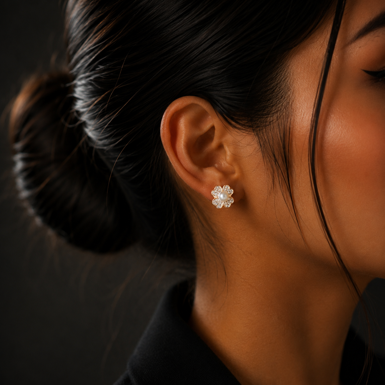 Rose Gold Floral Pearl Diamond Stud Earrings for Women