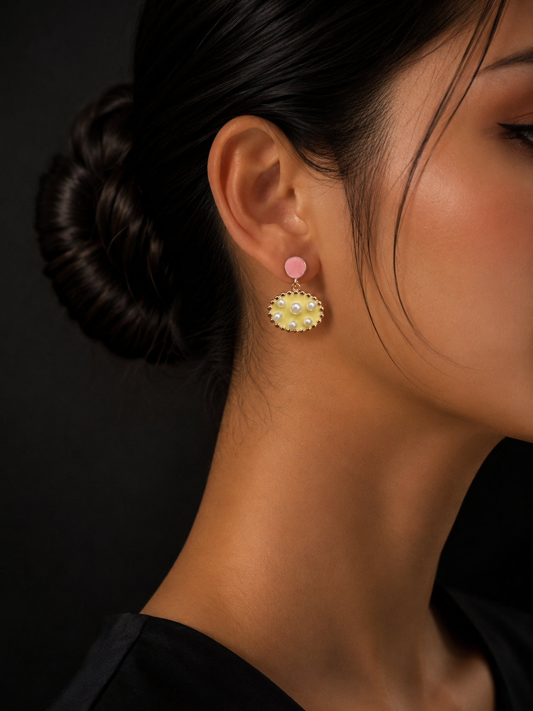 Silver Yellow Pearl Drop Stud Earrings