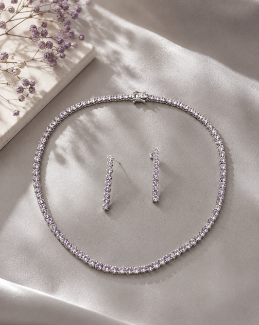 Silver Light Purple Diamond Tennis Necklace Set with Earrings