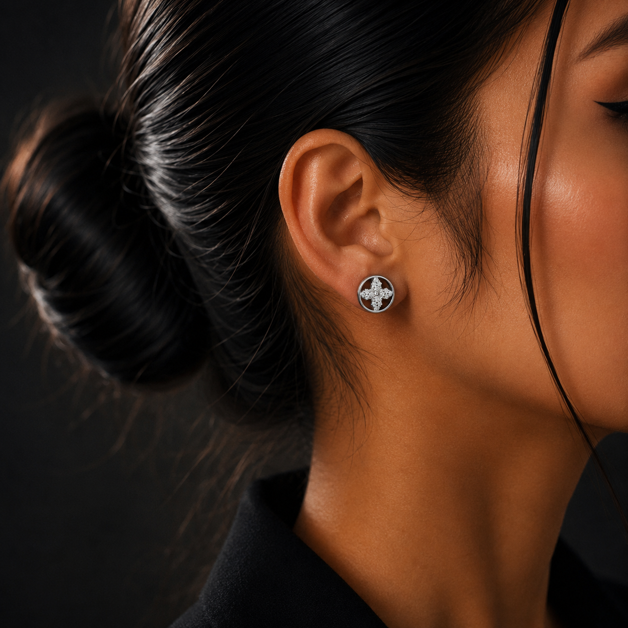 Silver Floral Diamond Stud Earrings for Women