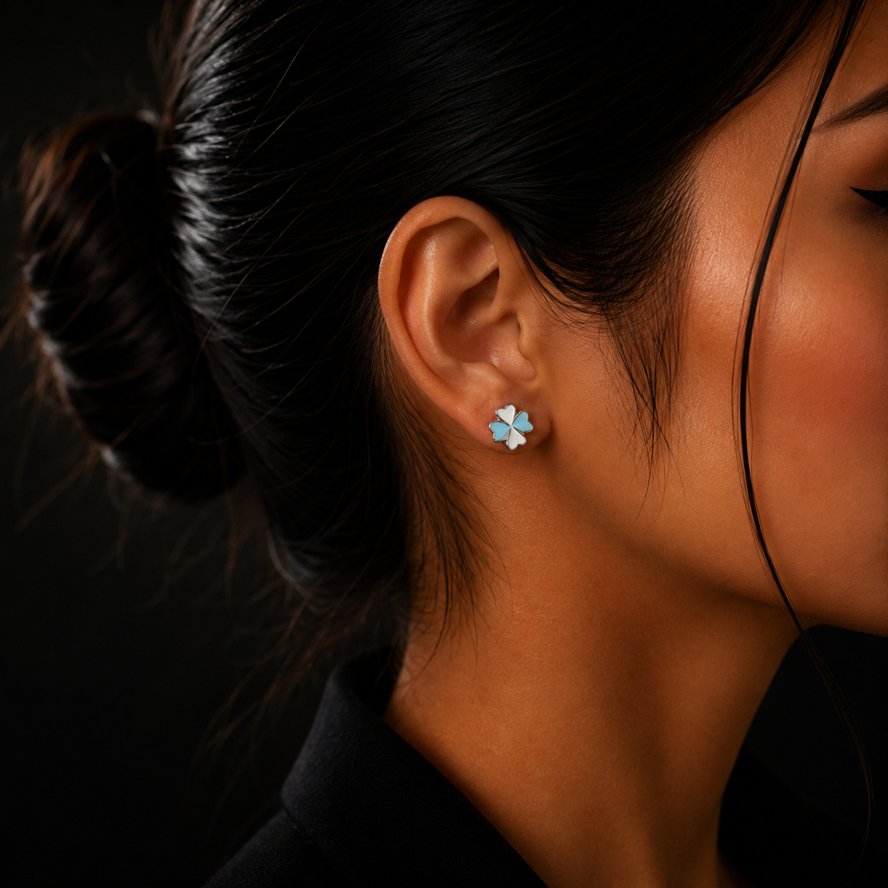 Silver Blue & White Four Leaf Clover Stud Earrings for Women