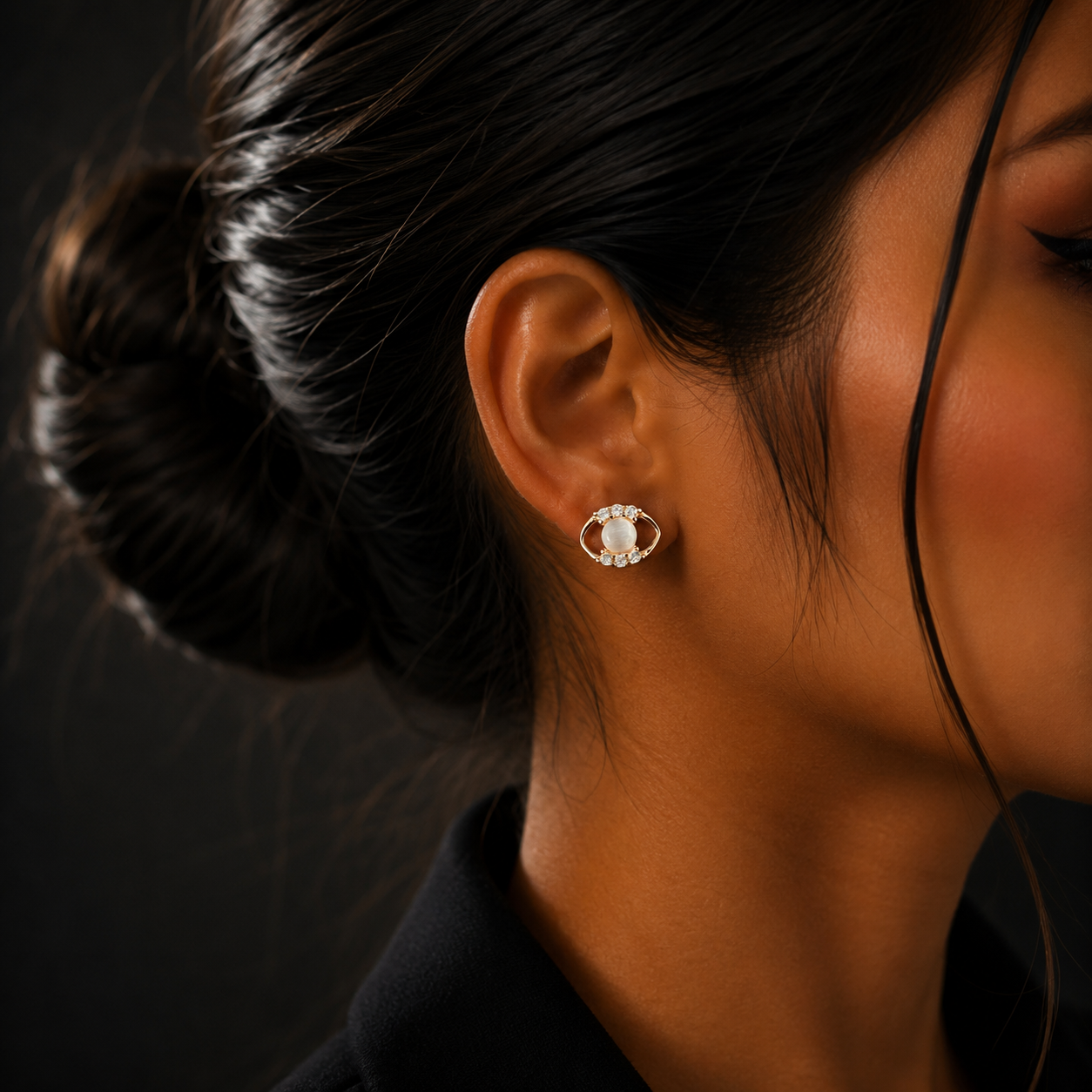 Rose Gold Pearl Diamond Oval Stud Earrings for Women