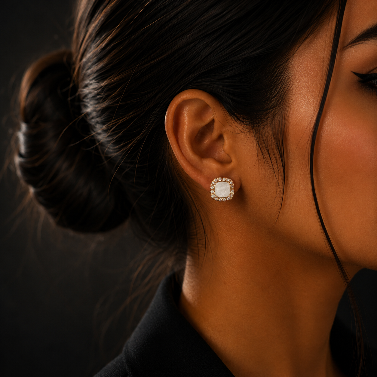 Rose Gold Square Pearl Diamond Stud Earrings for Women