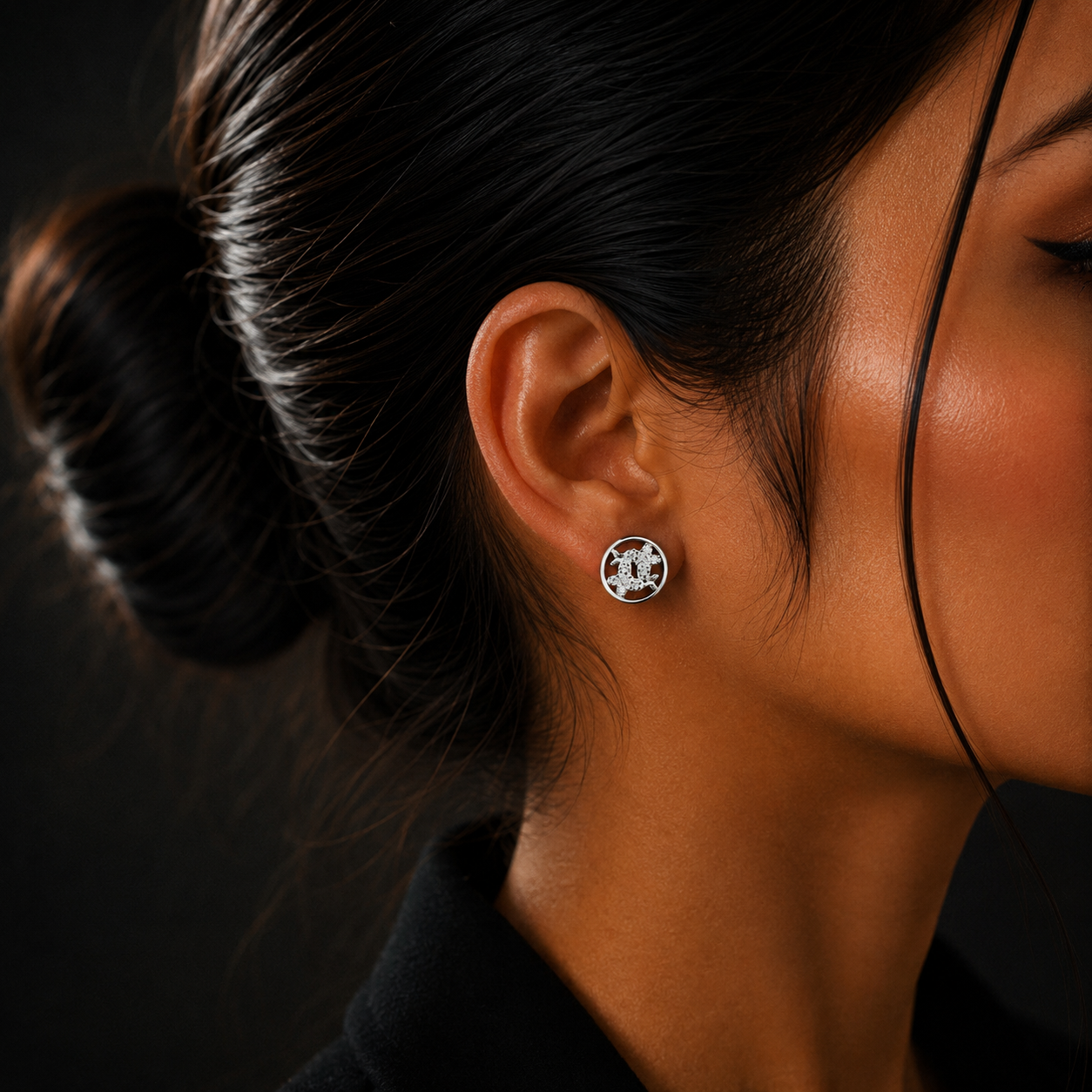 Silver Round Monogram Diamond Stud Earrings for Women