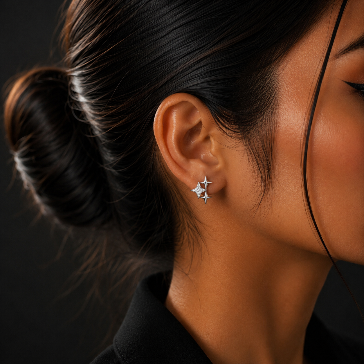 Silver Celestial Star Diamond Stud Earrings for Women