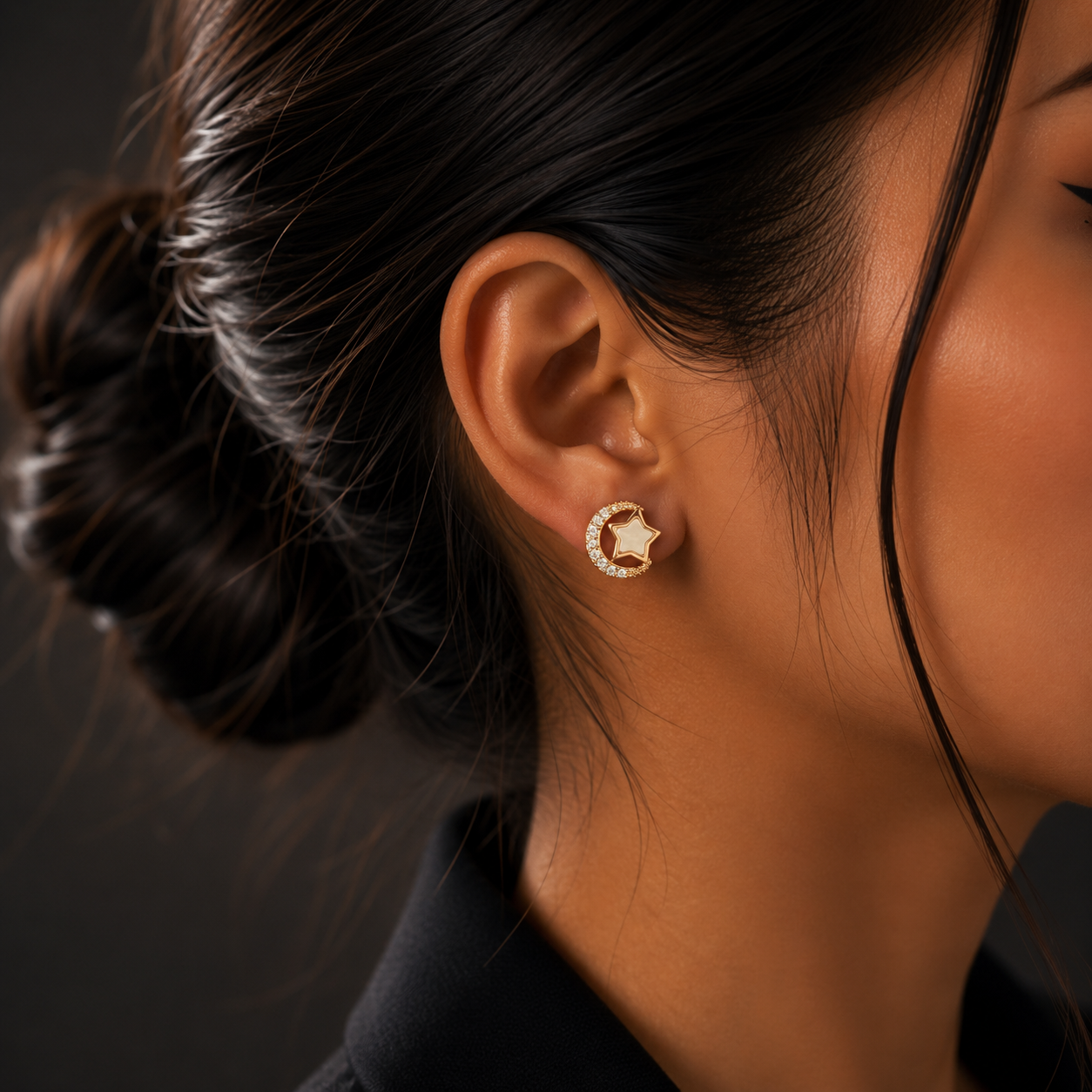 Rose Gold Moon & Star Diamond Stud Earrings for Women