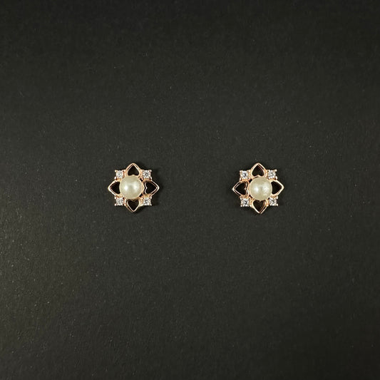 Rose Gold Pearl Floral Diamond Stud Earrings for Women