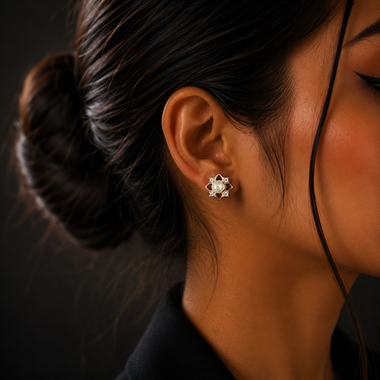 Rose Gold Pearl Floral Diamond Stud Earrings for Women
