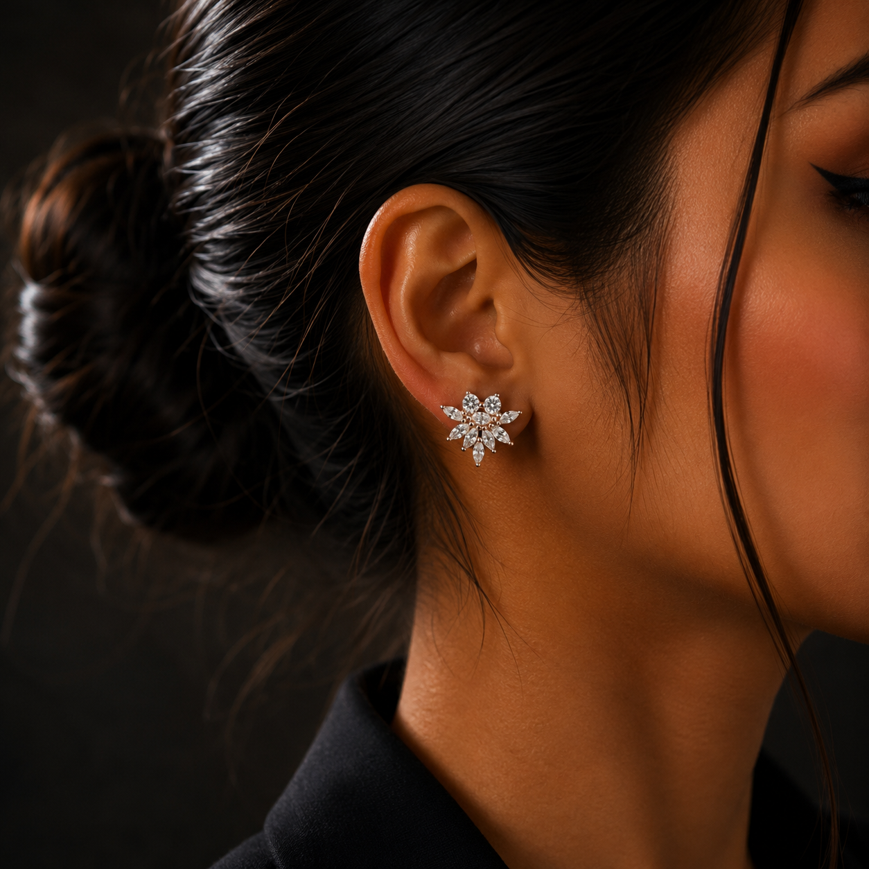 Rose Gold Floral Diamond Stud Earrings for Women