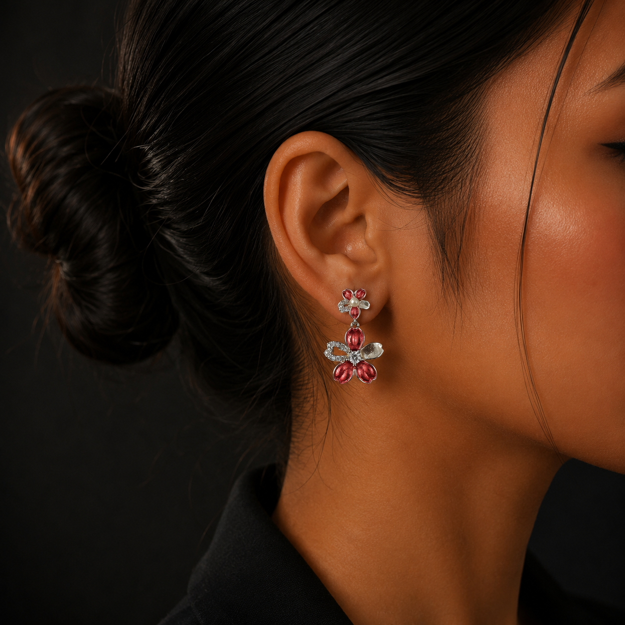 Silver Red Floral Diamond Drop Earrings for Women