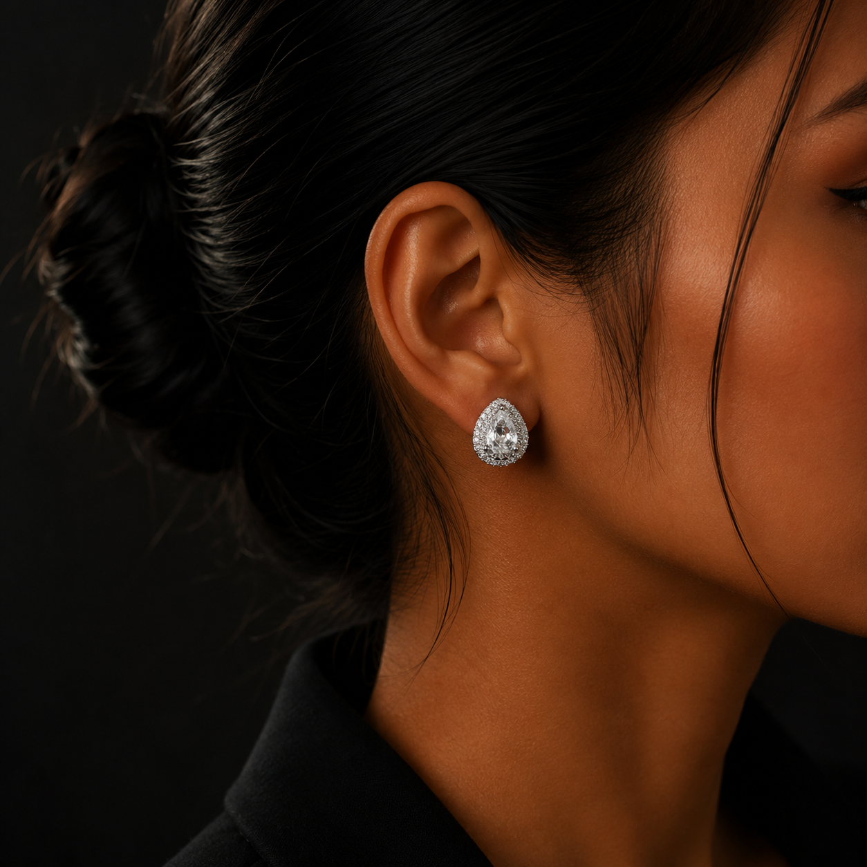 Silver Pear Cut Double Halo Diamond Stud Earrings for Women