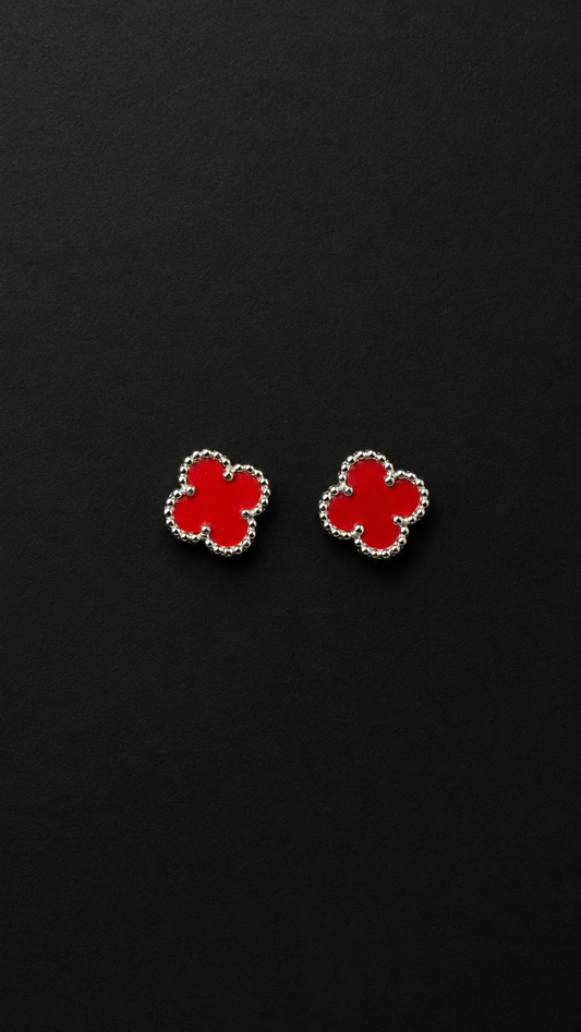 Silver Red Clover Stud Earrings