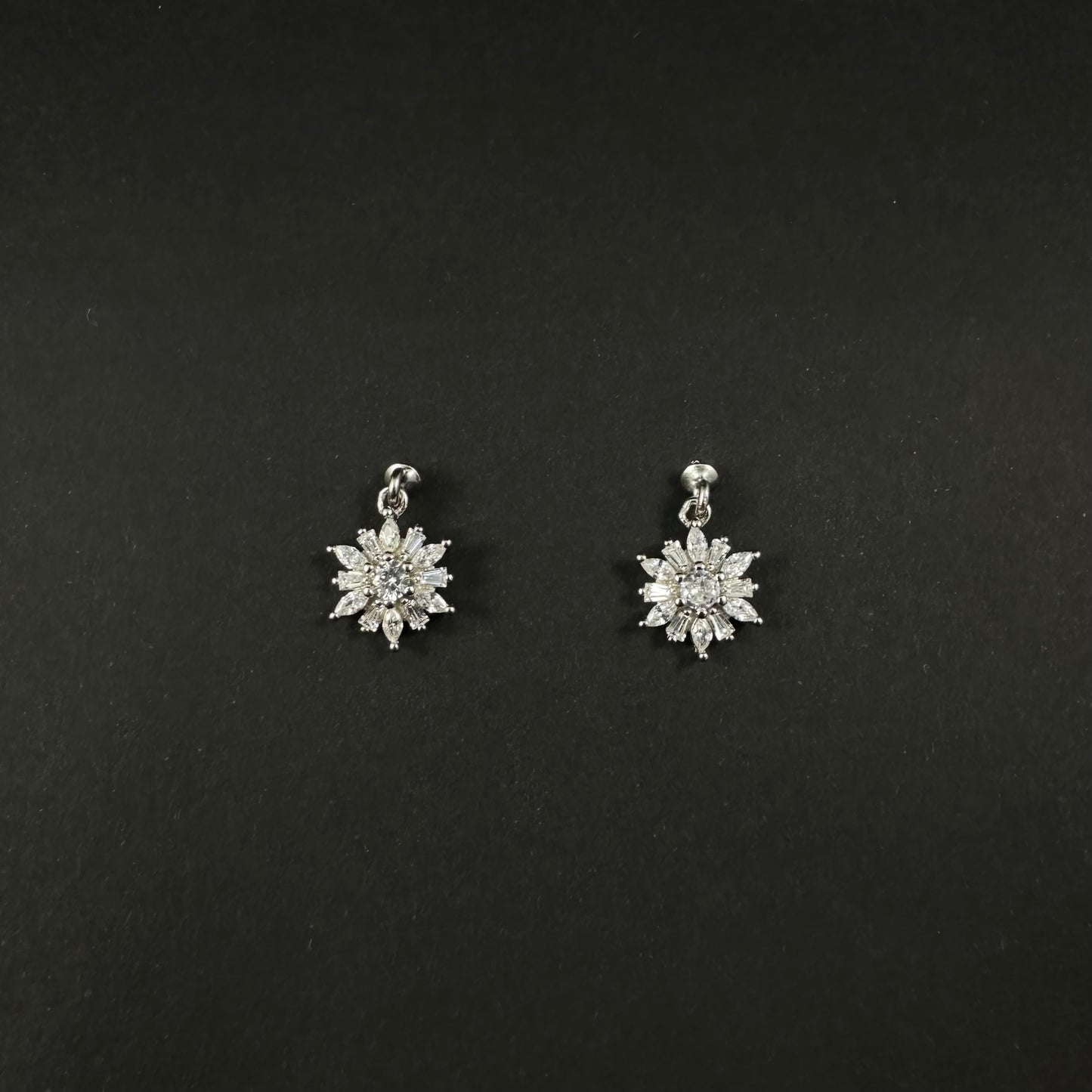 Silver Floral Spark Diamond Drop Stud Earrings for Women
