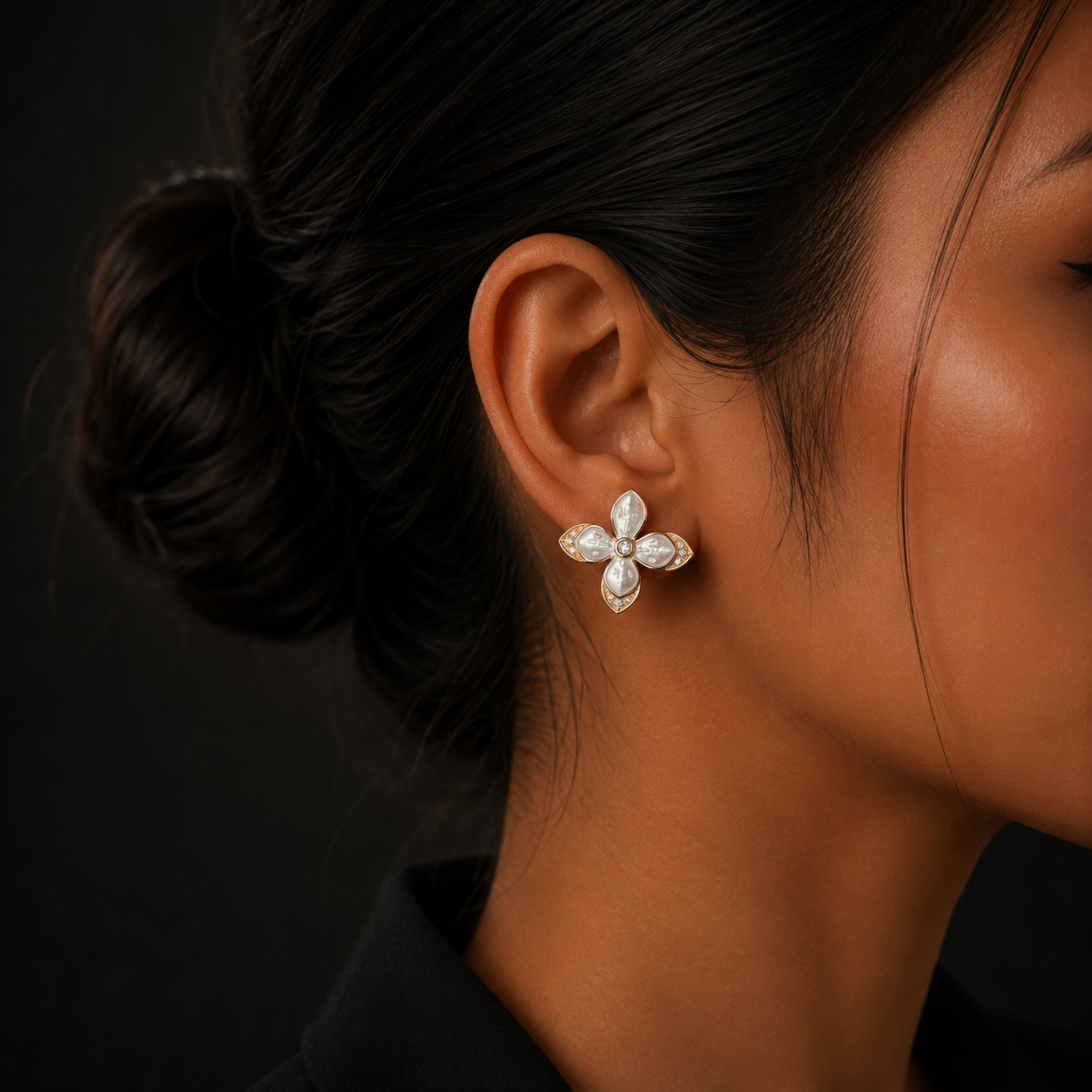 Silver Rose Gold Floral Diamond Stud Earrings for Women