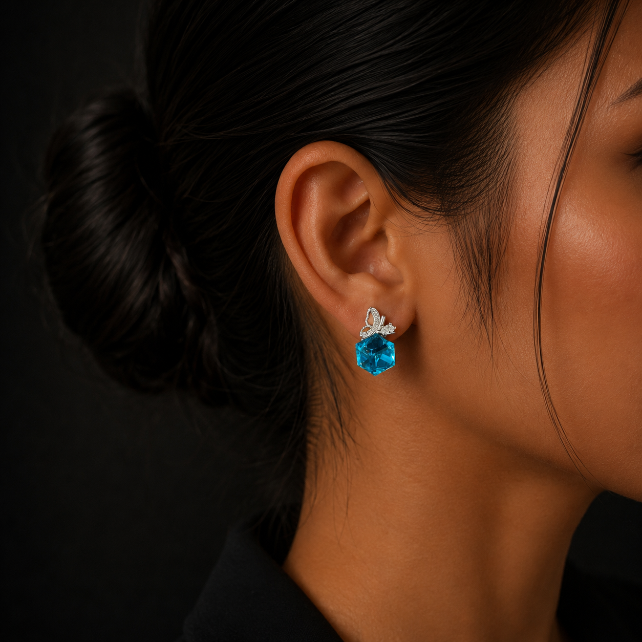 Silver Blue Crystal Diamond Stud Earrings for Women