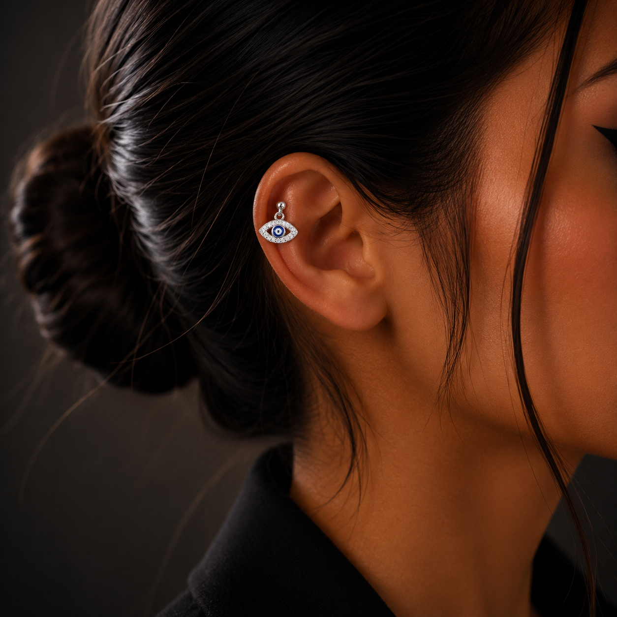 Silver Diamond Evil Eye Charm Stud Earrings for Women