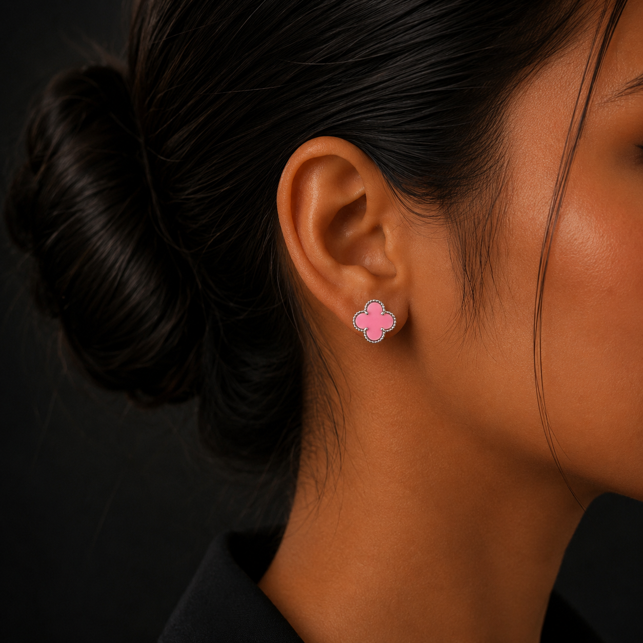 Silver Pink Clover Diamond Stud Earrings for Women