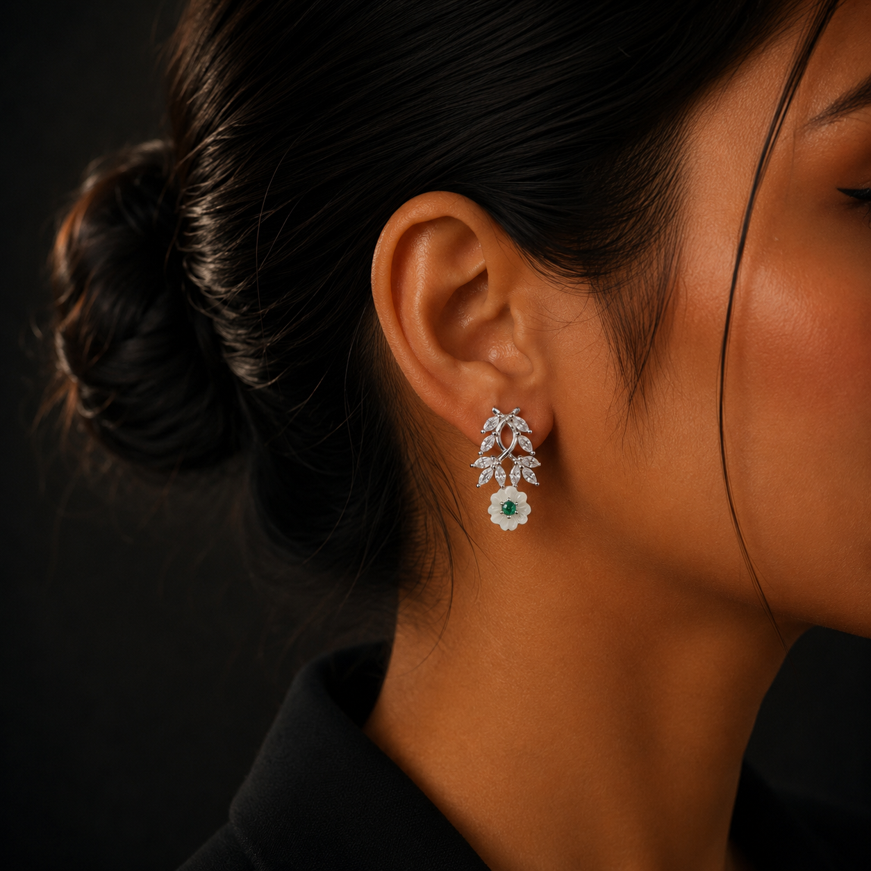 Silver Floral Green Stone Diamond Stud Earrings for Women