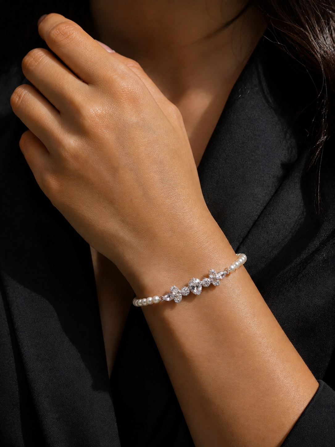 Silver Pearl Diamond Floral Bracelet