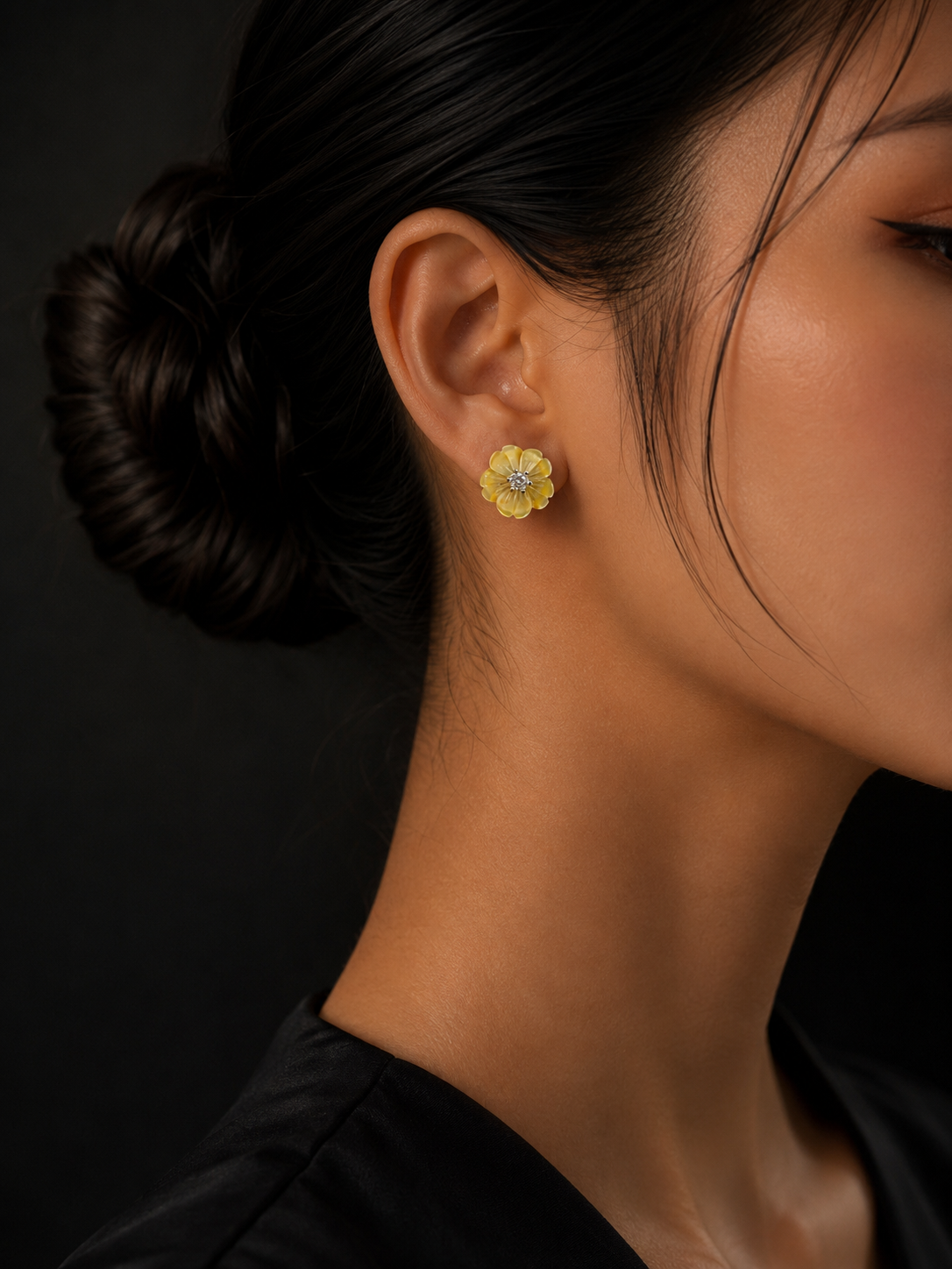Silver Yellow Pink Flower Diamond Stud Earrings
