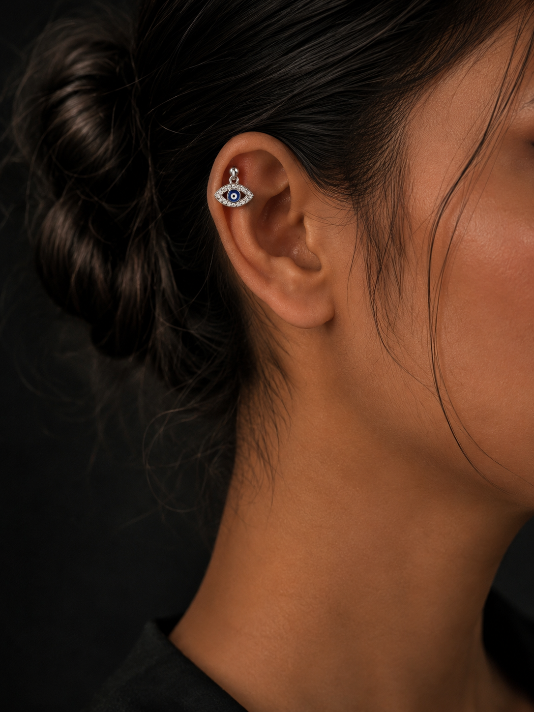 Silver Evil Eye Top Ear Piercing Earrings