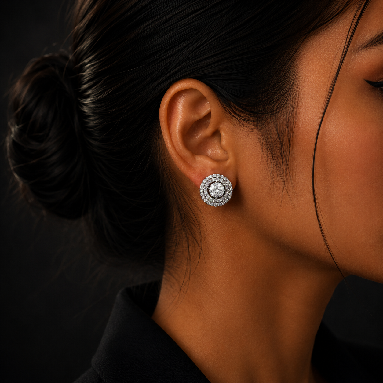Silver Double Halo Diamond Stud Earrings for Women