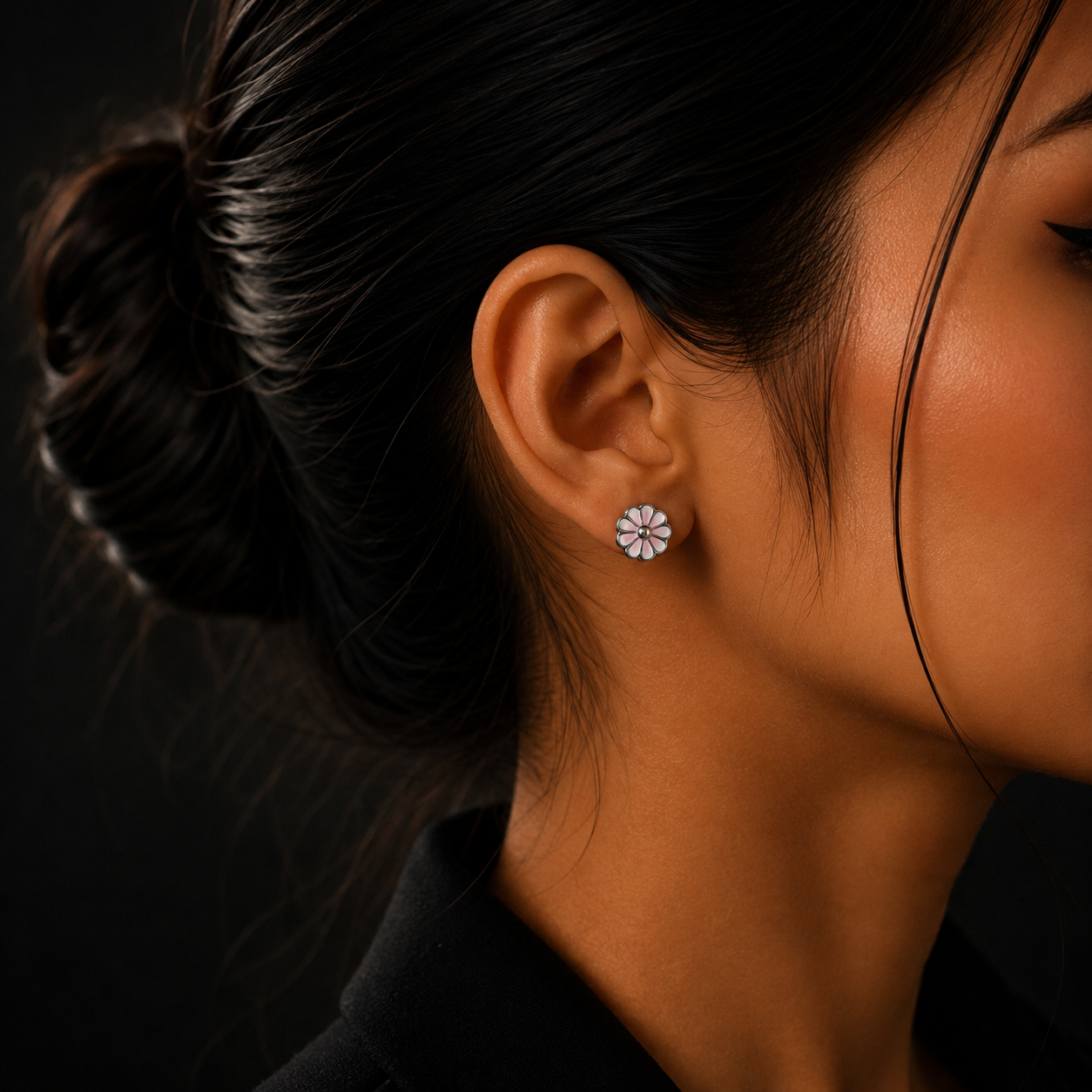 Silver Pink Daisy Flower Stud Earrings for Women