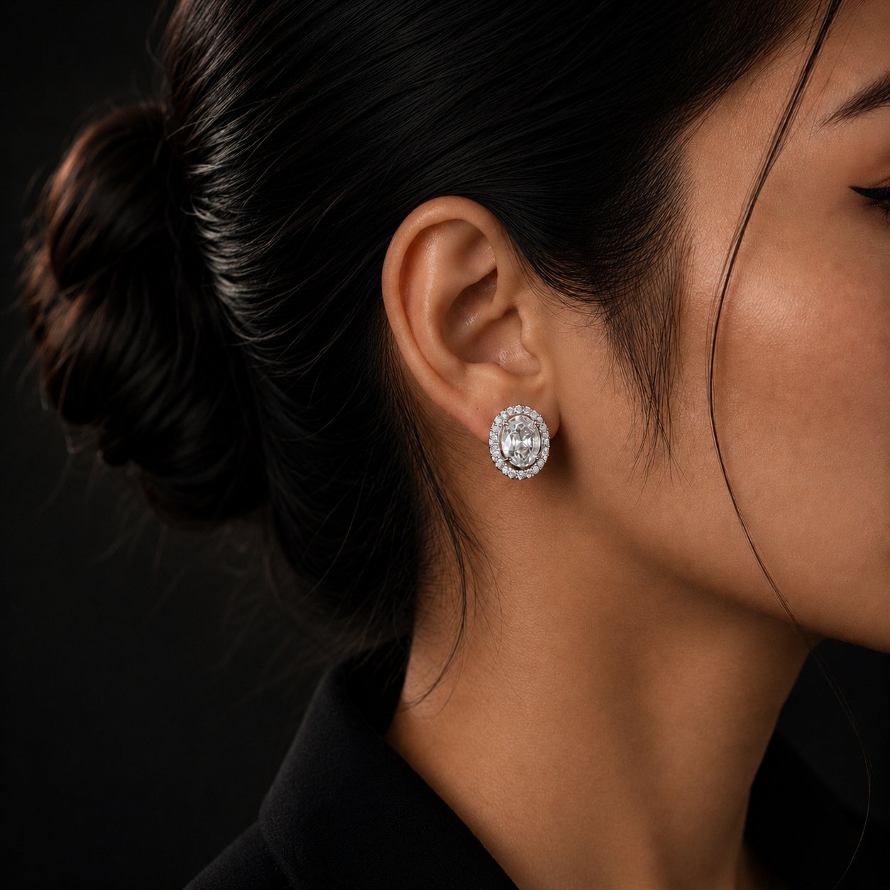 Silver Oval Halo Diamond Stud Earrings for Women