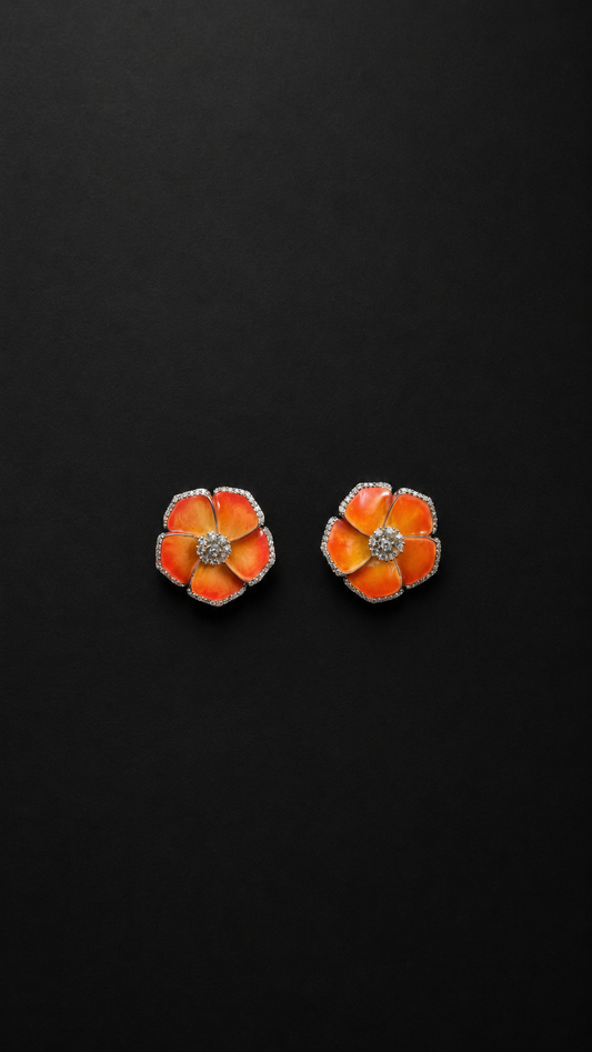 Silver Orange Yellow Flower Stud Earrings